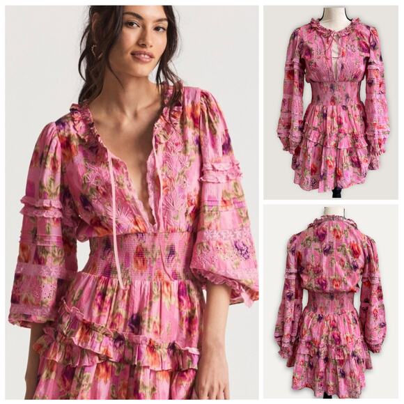 LoveShackFancy Clarkie Long Sleeve Pink Floral Print Mini Dress size Medium - Picture 1 of 16
